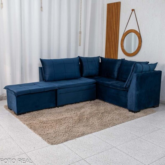 Sof� Canto 5 lugares com Puff Viena Veludo Azul A16