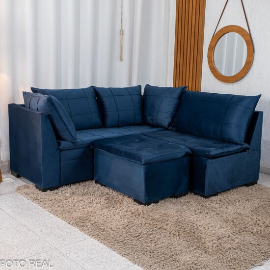 Sof� Canto 5 lugares com Puff Viena Veludo Azul A16