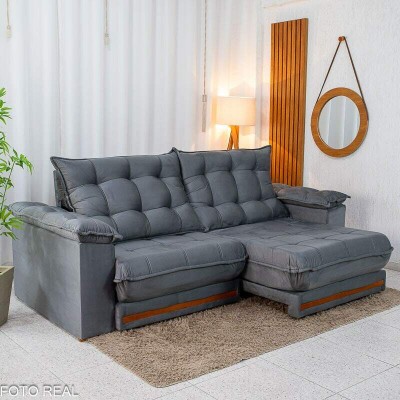 Sof� Retr�til Reclin�vel Barcelona 2.30m Veludo Chumbo 330 - D33 e Molas Ensacadas