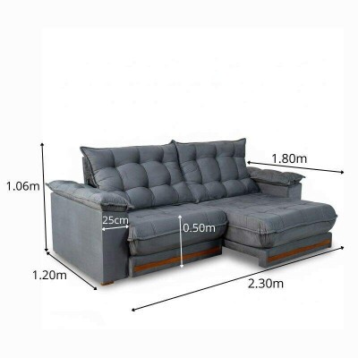 Sof� Retr�til Reclin�vel Barcelona 2.30m Veludo Chumbo 330 - D33 e Molas Ensacadas