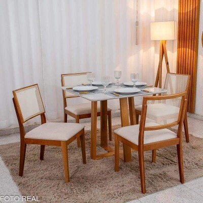Mesa de Jantar Bali 90x90 Vidro Off/Base Madeira Minas Plac + 4 Cad. Dubai Linho Bege 629 Madeira Maci�a - Art Assento