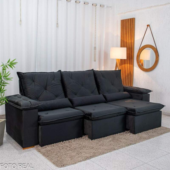 Sof� Retr�til Reclin�vel City 2,70m Veludo Preto - Sem Caixa
