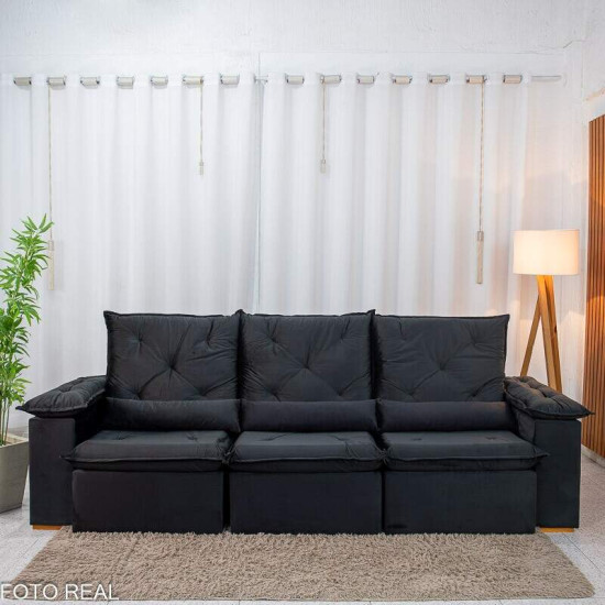 Sof� Retr�til Reclin�vel City 2,70m Veludo Preto - Sem Caixa