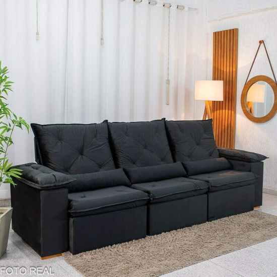 Sof� Retr�til Reclin�vel City 2,70m Veludo Preto - Sem Caixa