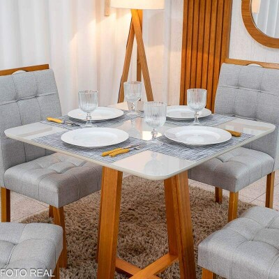 Mesa de Jantar Bali 90�90 Vidro Off/Base Madeira + 4 Cad. Londres Linho Prata Madeira Minas Plac - Entregue Montada