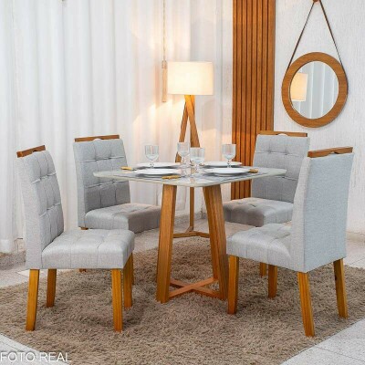 Mesa de Jantar Bali 90�90 Vidro Off/Base Madeira + 4 Cad. Londres Linho Prata Madeira Minas Plac - Entregue Montada