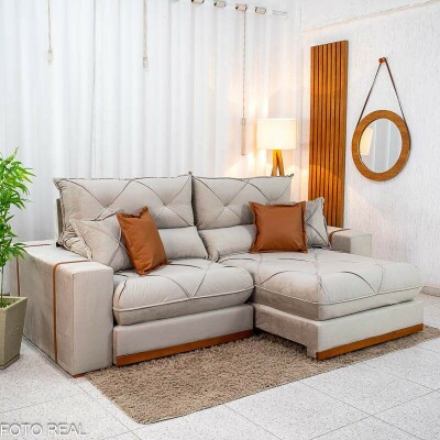 Sof� Retr�til Reclin�vel Gran Bello 2.50m Veludo Capuccino 02 - Molas Ensacadas