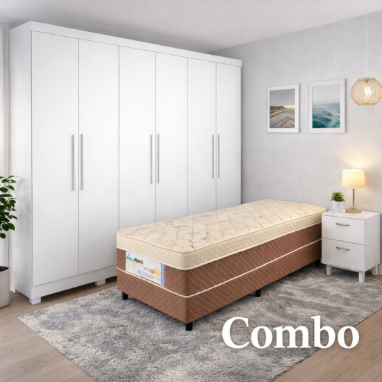 Combo - Guarda-roupa Sergipe Branco 6 PTS C/ P�s 100% MDF Larg. 1.80m - Bianchi + Cama Box Solteiro Rondoconfort Ortop�dico D33 Selada - Rondom�veis