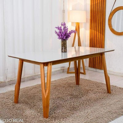 Mesa de Jantar Siena 160x90 Vidro Off/Base Madeira - Art Assento