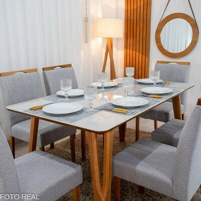 Mesa de Jantar Siena 160x90 Vidro Off/Base Madeira - Art Assento + 6 Cad. Isabela Linho Cinza 05 Madeira Maci�a KM Decor - Entregue Montada