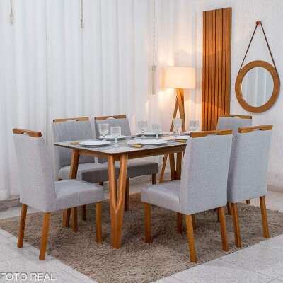 Mesa de Jantar Siena 160x90 Vidro Off/Base Madeira - Art Assento + 6 Cad. Isabela Linho Cinza 05 Madeira Maci�a KM Decor - Entregue Montada