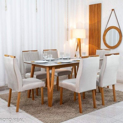 Mesa de Jantar Siena 160x90 Vidro Off/Base Madeira + 6 Cad. Lisboa Veludo Bege 512 Madeira Art Assento - Entregue Montada