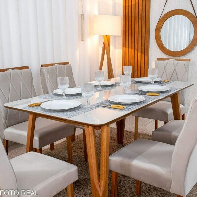 Mesa de Jantar Siena 160x90 Vidro Off/Base Madeira + 6 Cad. Lisboa Veludo Bege 512 Madeira Art Assento - Entregue Montada