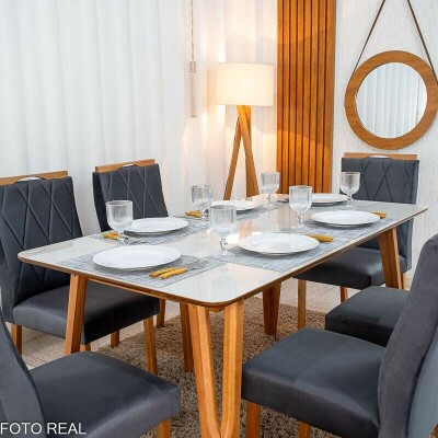 Mesa de Jantar Siena 160x90 Vidro Off/Base Madeira + 6 Cad. Lisboa Veludo Cinza 507 Madeira Art Assento - Entregue Montada