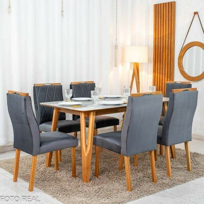 Mesa de Jantar Siena 160x90 Vidro Off/Base Madeira + 6 Cad. Lisboa Veludo Cinza 507 Madeira Art Assento - Entregue Montada