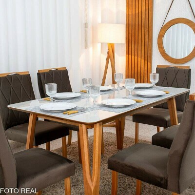 Mesa de Jantar Siena 160x90 Vidro Off/Base Madeira + 6 Cad. Lisboa Veludo Marrom 509 Madeira Art Assento - Entregue Montada