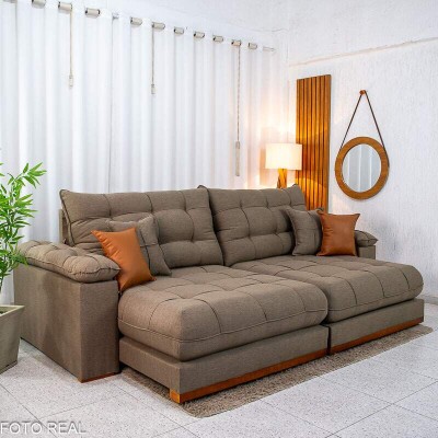 Sof� Retr�til Reclin�vel Verona 2.90m Linho Marrom - Molas Ensacadas