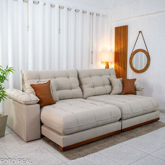Sof� Retr�til Reclin�vel Verona 2.90m Linho Bege - Molas Ensacadas
