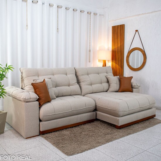 Sof� Retr�til Reclin�vel Verona 2.90m Linho Bege - Molas Ensacadas