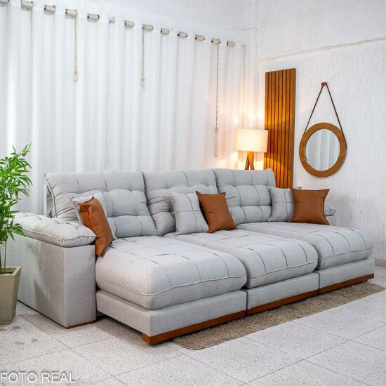Sof� Retr�til Reclin�vel Verona 3.20m Linho Cinza Gelo 31 - Molas Ensacadas