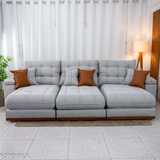Sof� Retr�til Reclin�vel Verona 3.20m Linho Cinza Gelo 31 - Molas Ensacadas