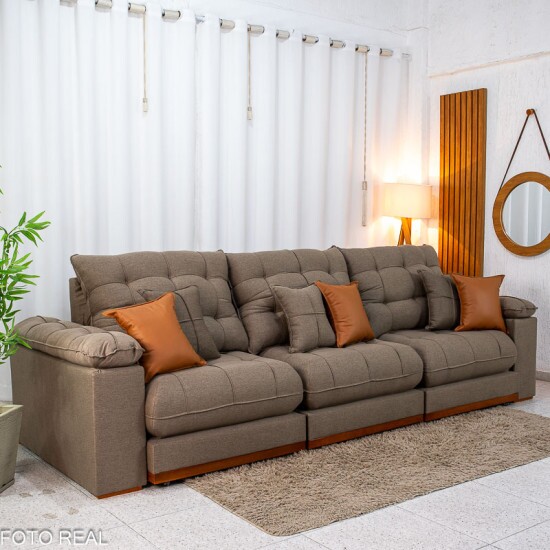 Sof� Retr�til Reclin�vel Verona 3.20m Linho Marrom - Molas Ensacadas