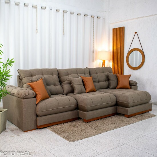 Sof� Retr�til Reclin�vel Verona 3.20m Linho Marrom - Molas Ensacadas