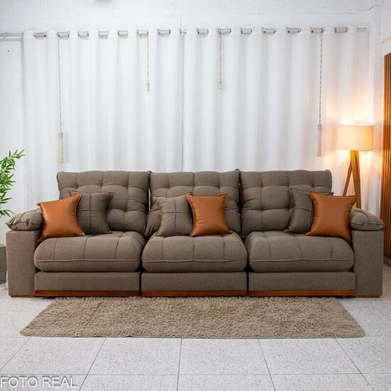Sof� Retr�til Reclin�vel Verona 3.20m Linho Marrom - Molas Ensacadas