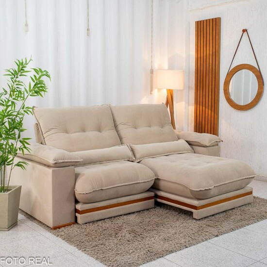Sof� Retr�til Reclin�vel Ibis 2.50m Veludo Bege 827 - D33 e Molas Ensacadas