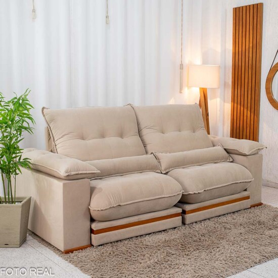 Sof� Retr�til Reclin�vel Ibis 2.50m Veludo Bege 827 - D33 e Molas Ensacadas