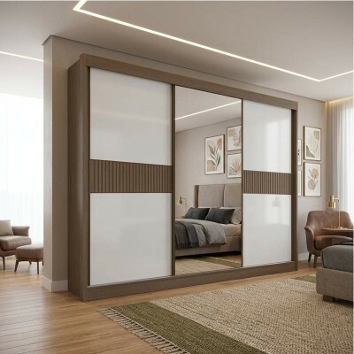 Roupeiro Casal Los Angeles Castanho/Off 3 Portas 6 Gavetas C/ 1 Espelho Detalhe Ripado Portas Flex 100% MDF Larg. 2.73m - D Doro