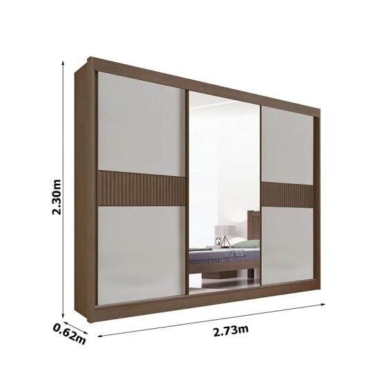 Roupeiro Casal Los Angeles Castanho/Off 3 Portas 6 Gavetas C/ 1 Espelho Detalhe Ripado Portas Flex 100% MDF Larg. 2.73m - D Doro