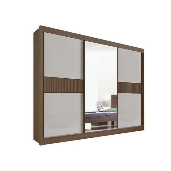 Roupeiro Casal Los Angeles Castanho/Off 3 Portas 6 Gavetas C/ 1 Espelho Detalhe Ripado Portas Flex 100% MDF Larg. 2.73m - D Doro