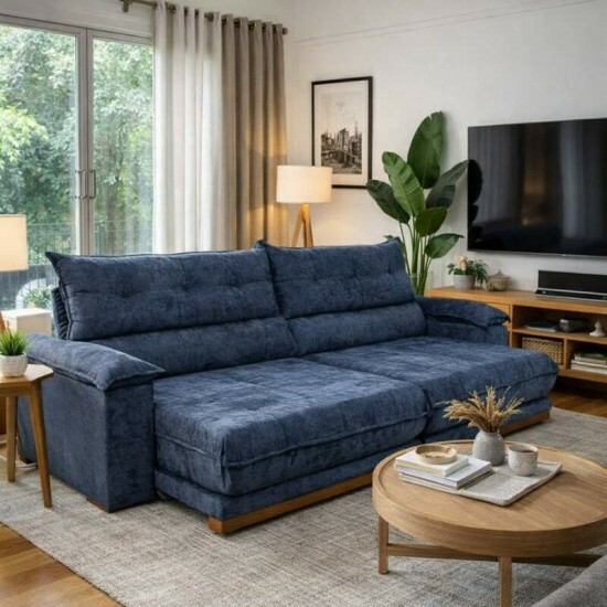 Sof� Retr�til Reclin�vel Ita�na 2.90m Chenille Azul 575 - Molas Ensacadas