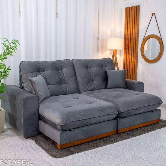 Sof� Retr�til Reclin�vel Ruah 2.50m Veludo Chumbo 4053 - Molas Ensacadas