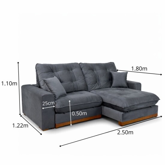 Sof� Retr�til Reclin�vel Ruah 2.50m Veludo Chumbo 4053 - Molas Ensacadas