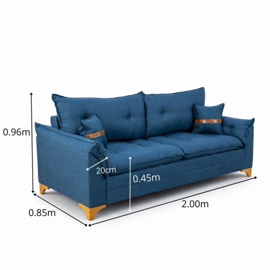 Sof� 3 Lugares Creta Linho Azul 28 Larg. 2.00m - Molas bonnel