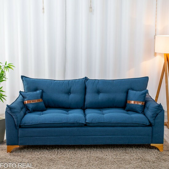 Sof� 3 Lugares Creta Linho Azul 28 Larg. 2.00m - Molas bonnel