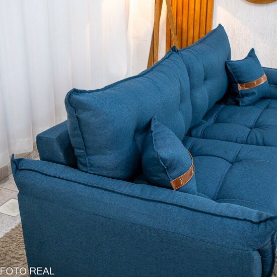 Sof� 3 Lugares Creta Linho Azul 28 Larg. 2.00m - Molas bonnel