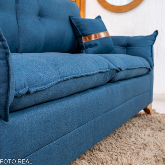 Sof� 3 Lugares Creta Linho Azul 28 Larg. 2.00m - Molas bonnel