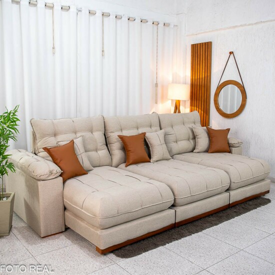 Sof� Retr�til Reclin�vel Verona 3.20m Linho Bege - Molas Ensacadas