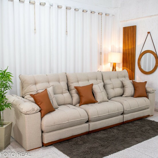 Sof� Retr�til Reclin�vel Verona 3.20m Linho Bege - Molas Ensacadas