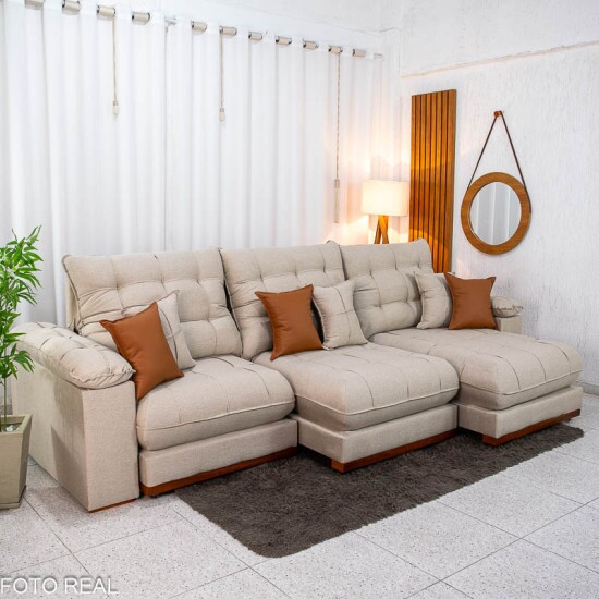Sof� Retr�til Reclin�vel Verona 3.20m Linho Bege - Molas Ensacadas