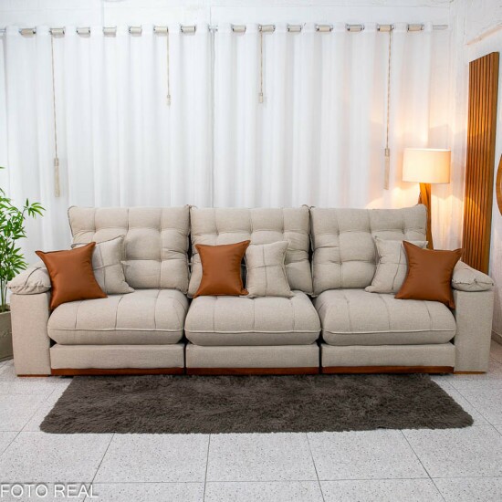 Sof� Retr�til Reclin�vel Verona 3.20m Linho Bege - Molas Ensacadas