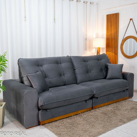 Sof� Retr�til Reclin�vel Ruah 2.90m Veludo Chumbo 4053 - Molas Ensacadas