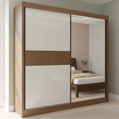 Guarda-roupa Casal 2,20m Titanium Castanho/Off Ripado 2 Portas 6 Gavetas 100% MDF - D Doro