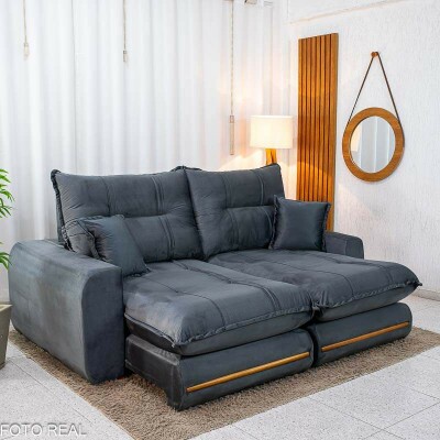 Sof� Retr�til Reclin�vel Chicago 2.30m Veludo Grafite A15 - Molas Ensacadas