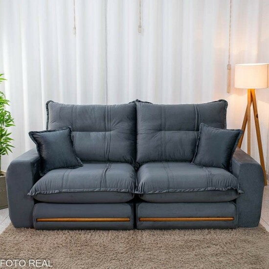 Sof� Retr�til Reclin�vel Chicago 2.30m Veludo Grafite A15 - Molas Ensacadas