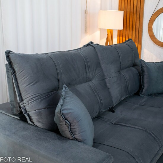 Sof� Retr�til Reclin�vel Chicago 2.30m Veludo Grafite A15 - Molas Ensacadas