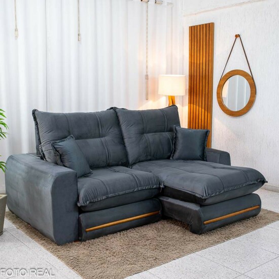 Sof� Retr�til Reclin�vel Chicago 2.10m Veludo Grafite A15 - Molas Ensacadas